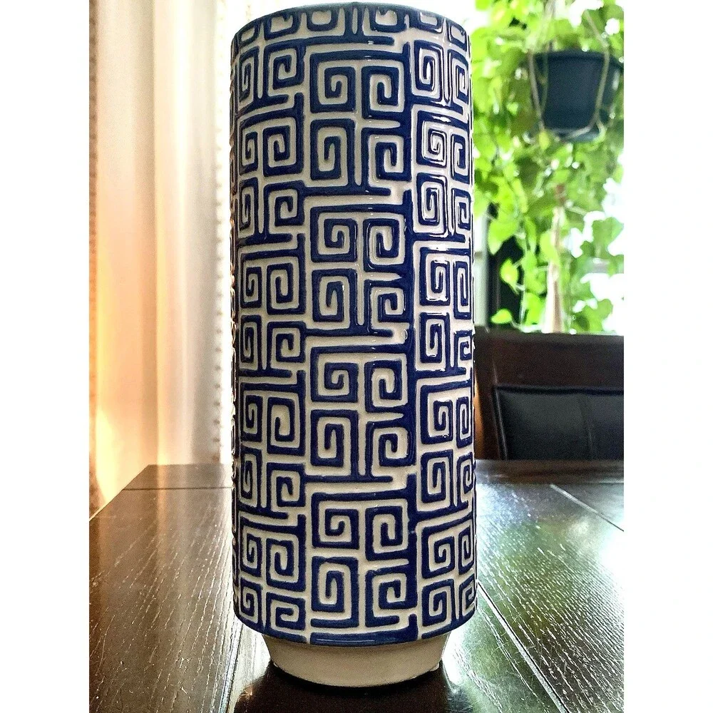 Vtg Inspired Blue White Greek Key Ceramic Vase Chinoiserie Hollywood Regency 10